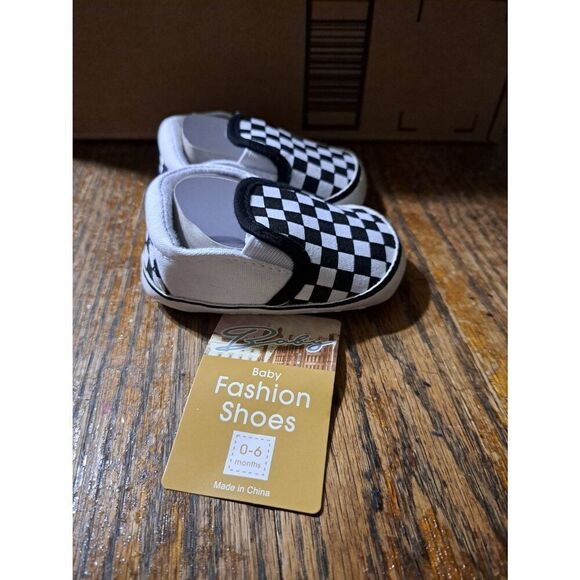 New 0-6 Month Size 1 Haozay Black White Checkered Canvas Elastic Slip On Shoes - Picture 3 of 6